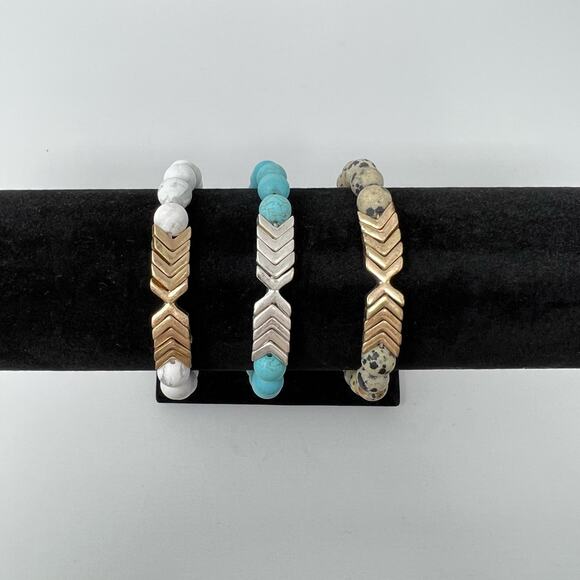 Natural Semi Precious Stone Chevron Pendant Stretch Set Of 3 Bracelet Jewelry - Picture 6 of 7